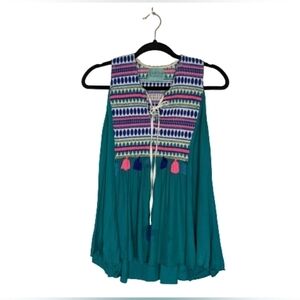 Judith March Teal Embroidered Tassel Tank